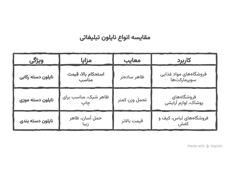 انواع نایلون تبلیغاتی از نظر چاپ، رنگ، دسته و کاربرد انواع نایلون تبلیغاتی از نظر دسته